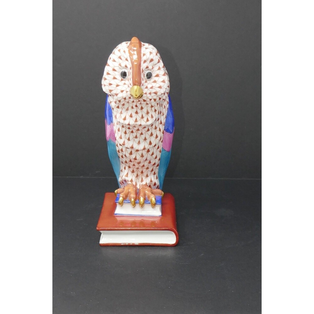 Herend Fishnet Owl on Books Medium Handpainted Porcelain Figurine 5104 Hungary - Picture 3 of 15